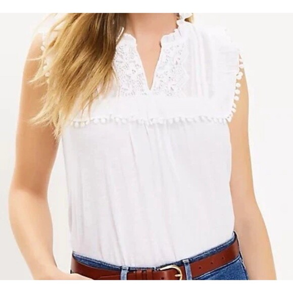 Ann Taylor LOFT Pom Pom Ruffle Shell Top Large - Picture 1 of 7